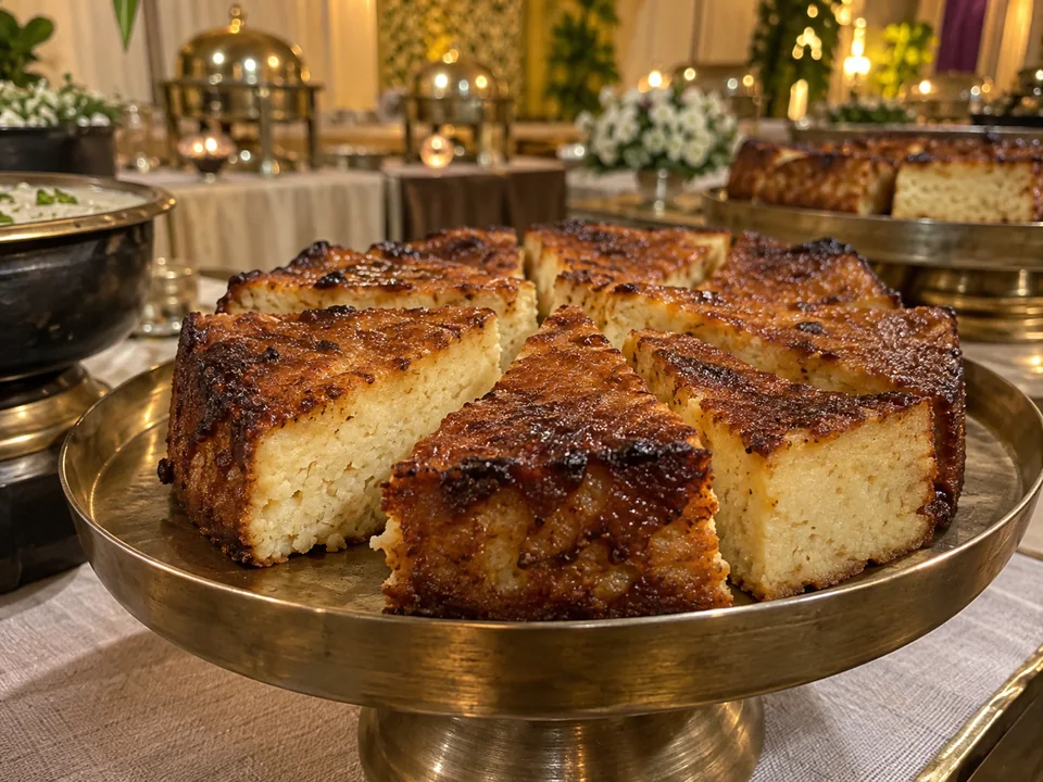 Chhena poda, the baked Odia cheese dessert, on a brass stand