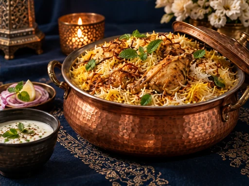 Hyderabadi Chicken Dum Biryani presented at a premium catered event